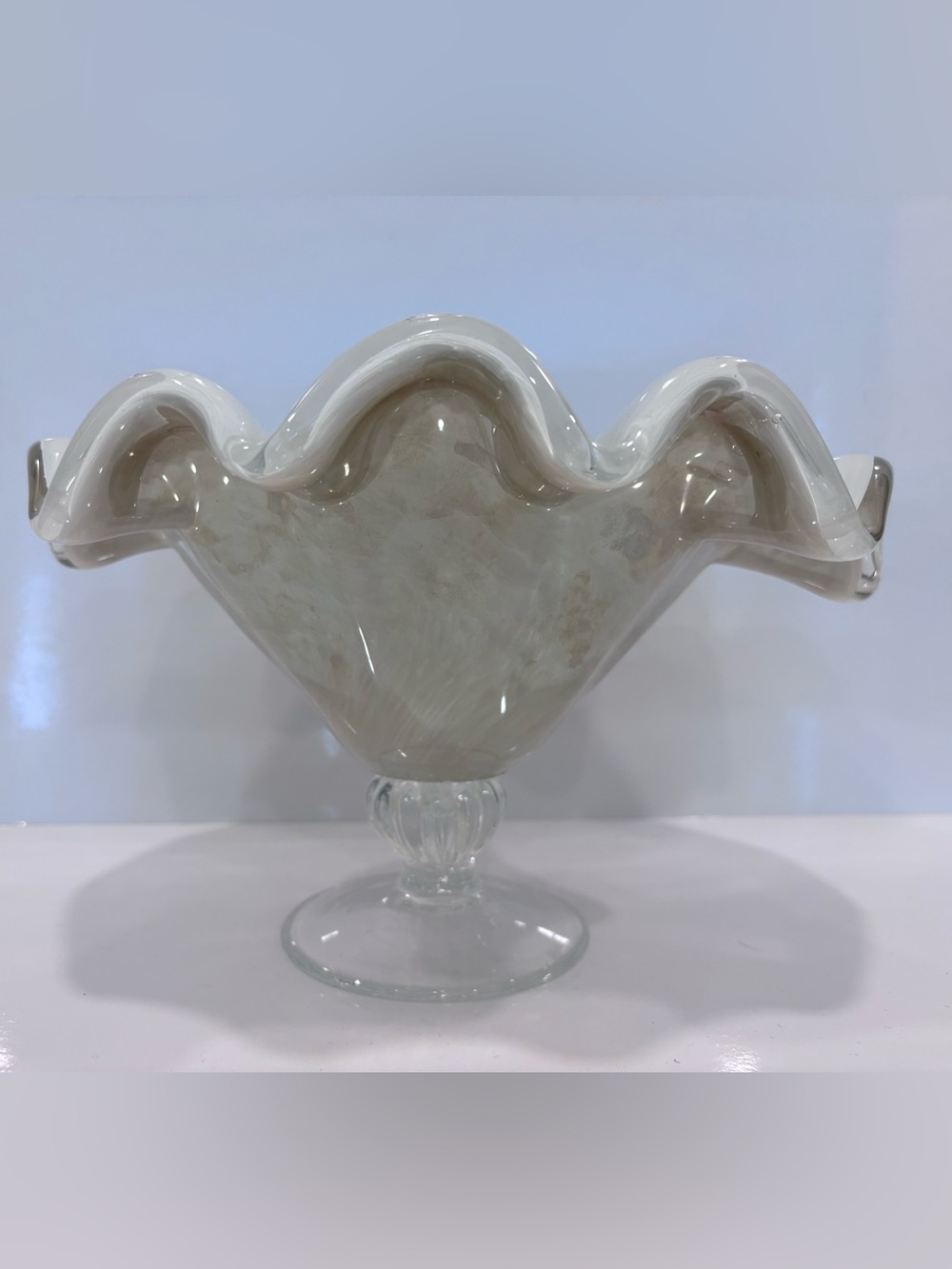 Vtg Murano Style Art Glass Pedestal Bowl Opalescent Ruffled Rim 9” Hand Blown MC